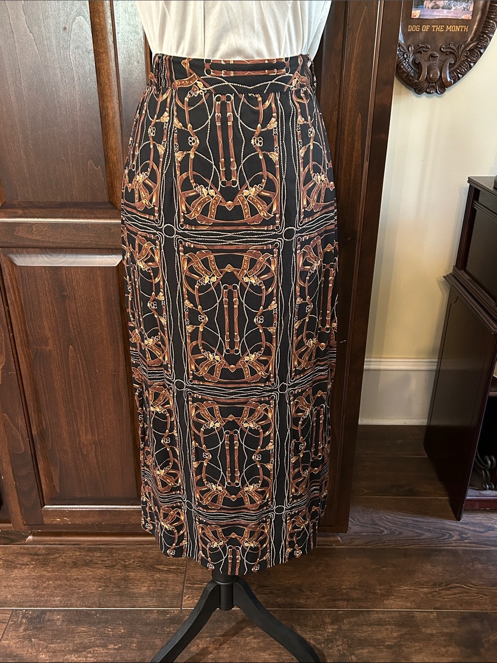 British Khaki Sz 4 Black and Brown Equestrian Bridle Print Maxi Skirt
